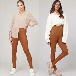 WOMEN’S FLATTERING FAUX SUEDE LEGGINGS‎ IN RICH CARAMEL TAN SLIMMING CONTROL EUC